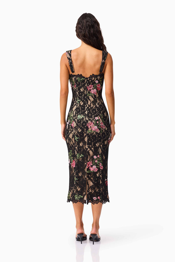 Morgaine Lace Midi Dress in Black