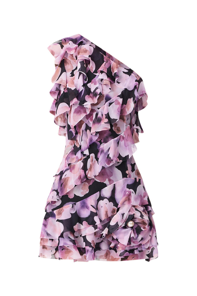 Solene One Shoulder Mini Dress in Purple Floral