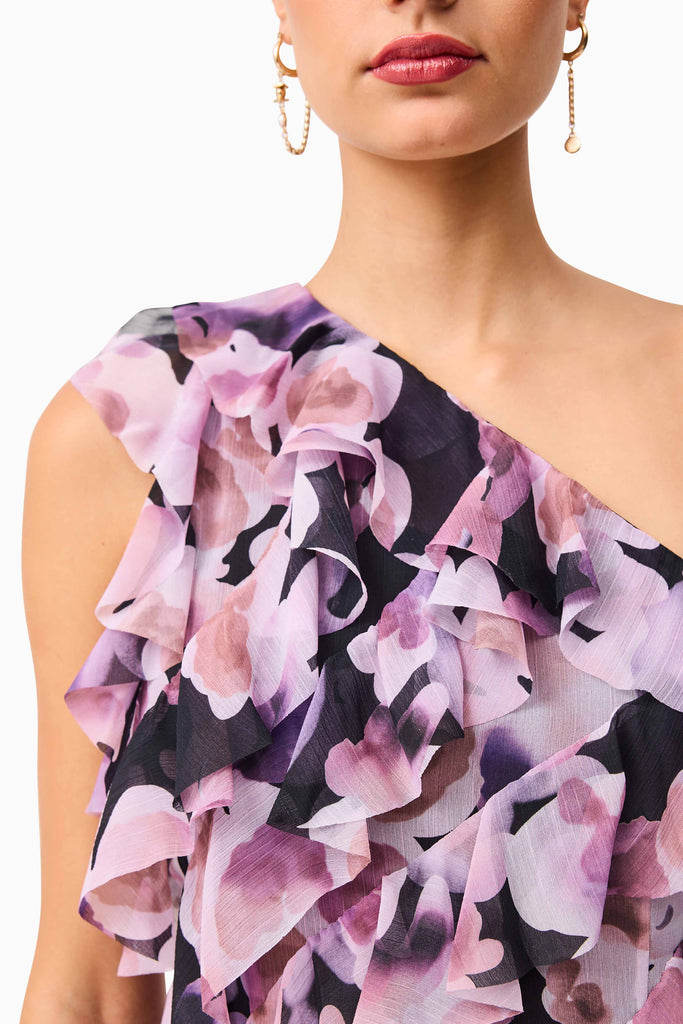 Solene One Shoulder Mini Dress in Purple Floral