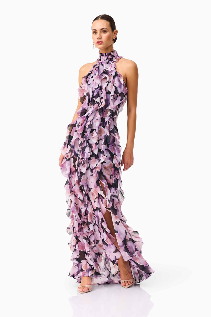 Solene Halter Gown in Purple Floral