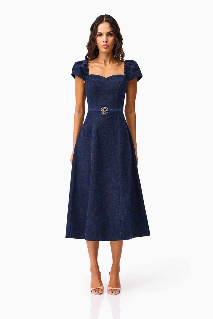 Melody Jacquard Short Sleeve Midi Dress in Blue