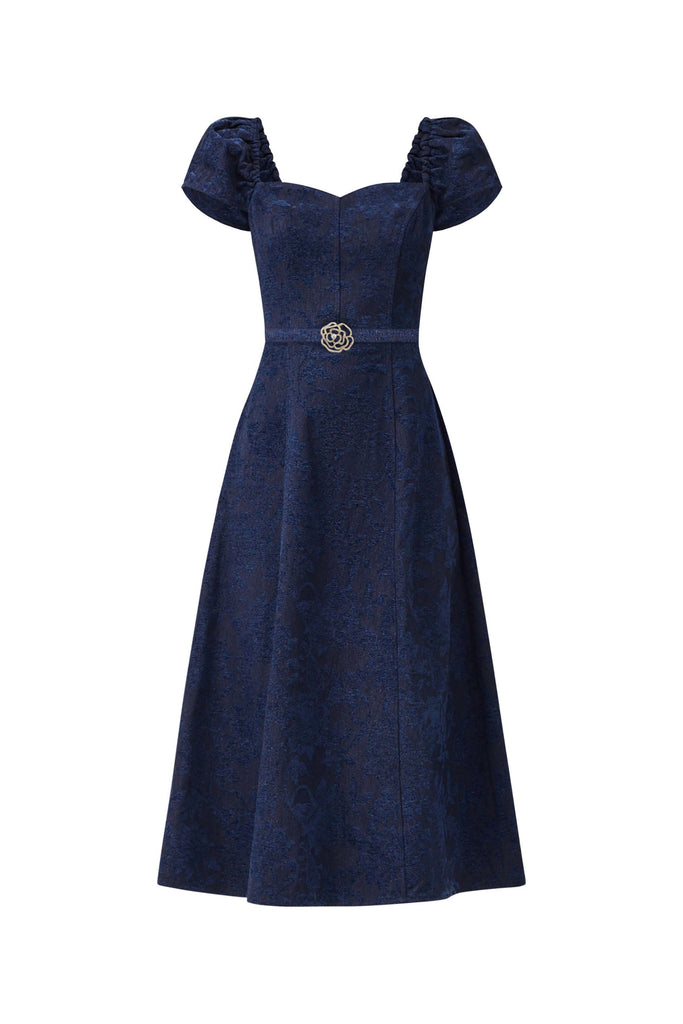 Melody Jacquard Short Sleeve Midi Dress in Blue