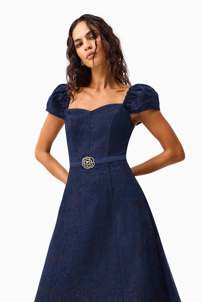 Melody Jacquard Short Sleeve Midi Dress in Blue