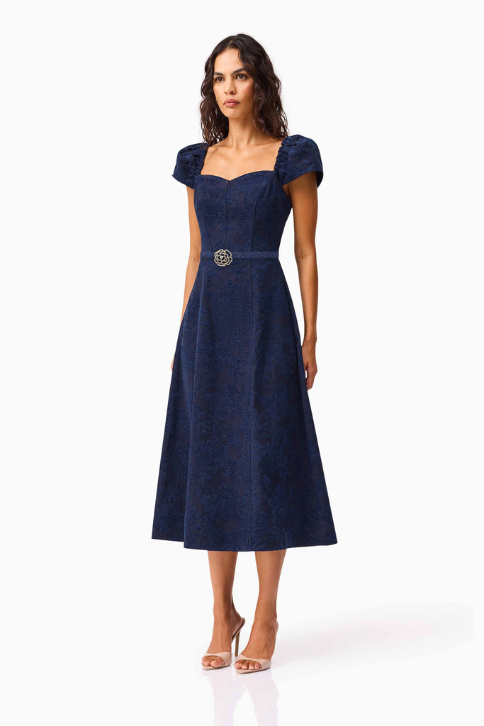 Melody Jacquard Short Sleeve Midi Dress in Blue