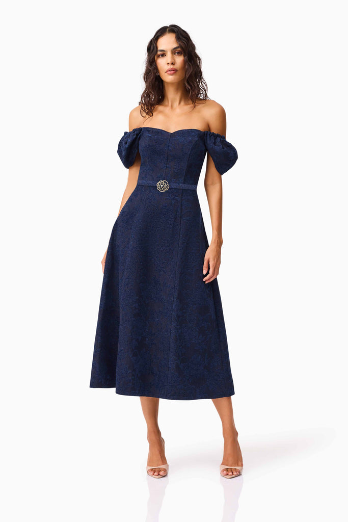 Melody Jacquard Short Sleeve Midi Dress in Blue