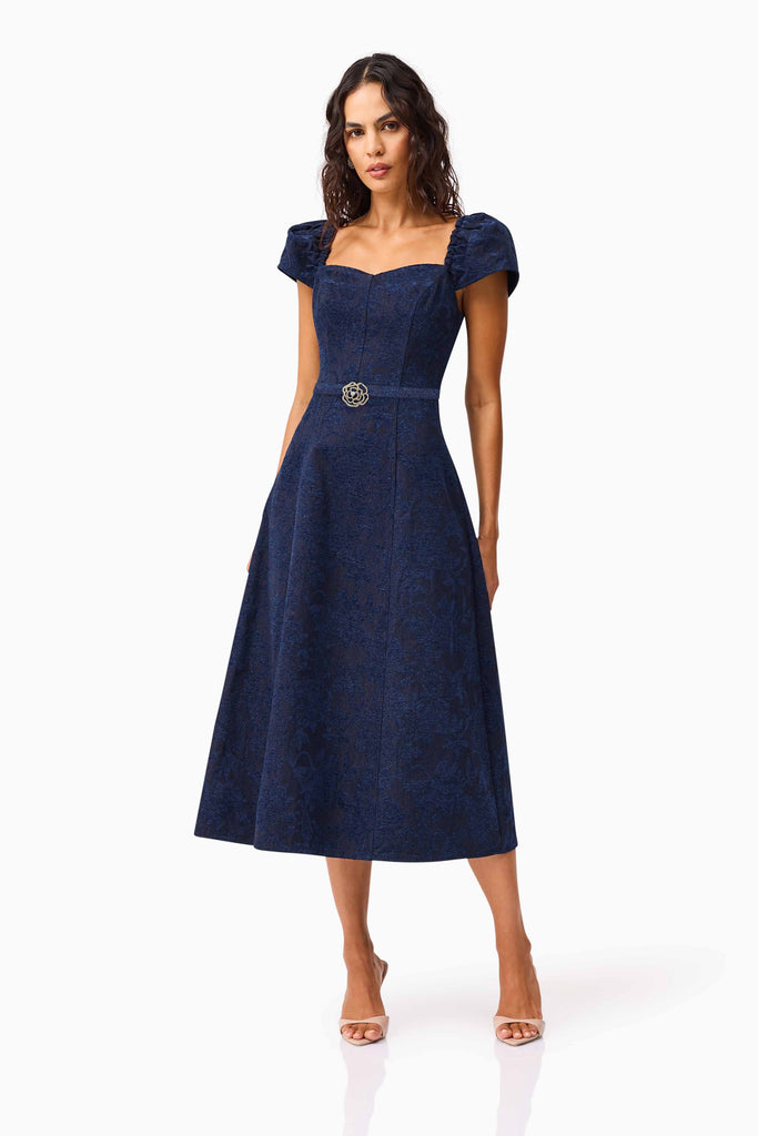 Melody Jacquard Short Sleeve Midi Dress in Blue