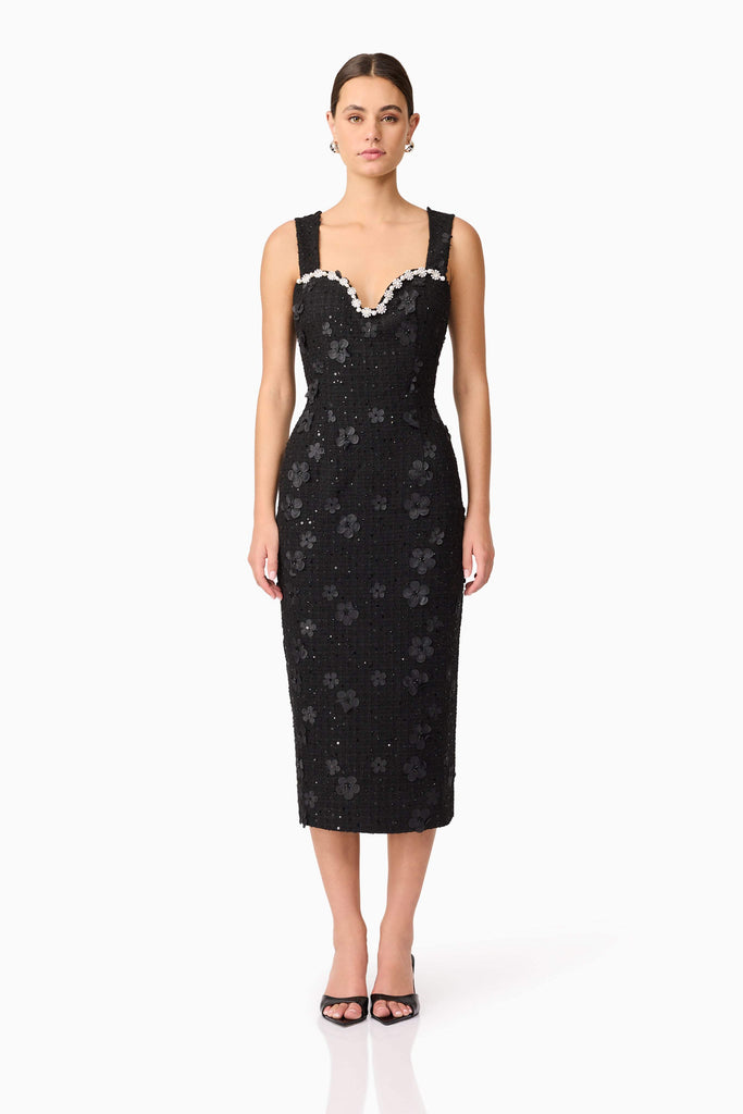 Ellouise Embellished Tweed Midi Dress in Black