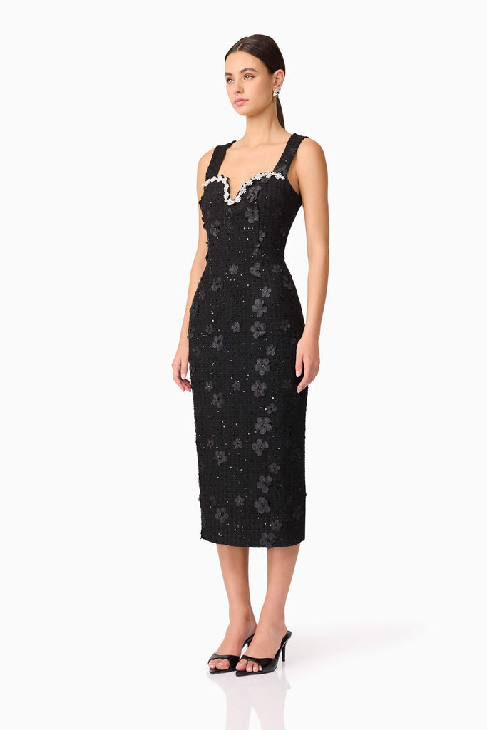 Ellouise Embellished Tweed Midi Dress in Black