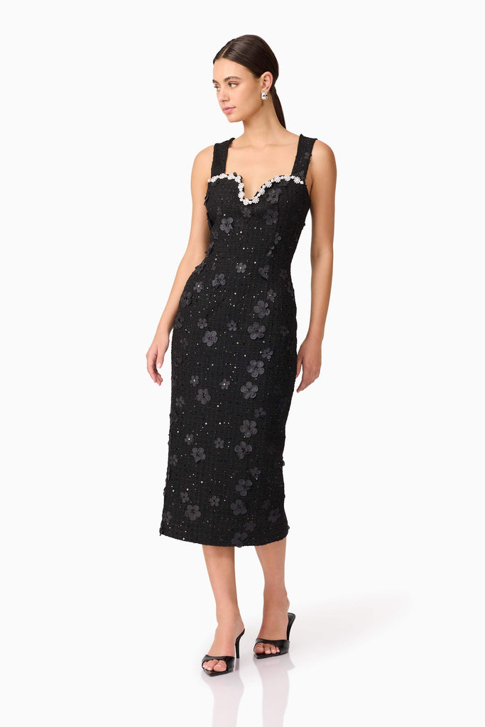 Ellouise Embellished Tweed Midi Dress in Black