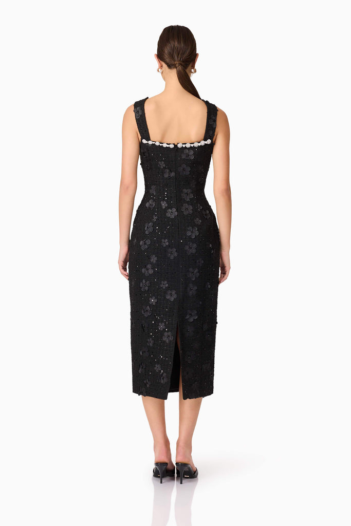Ellouise Embellished Tweed Midi Dress in Black