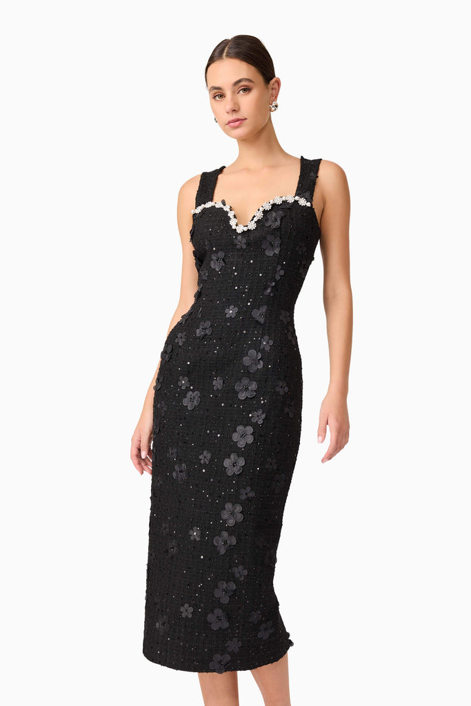 Ellouise Embellished Tweed Midi Dress in Black