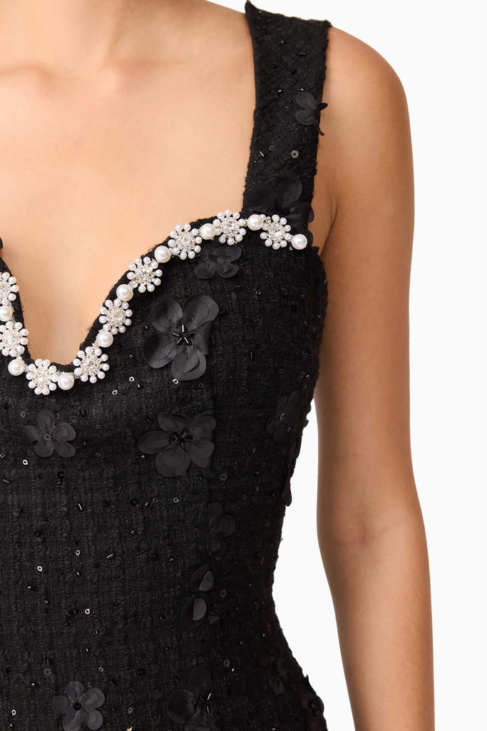 Ellouise Embellished Tweed Midi Dress in Black