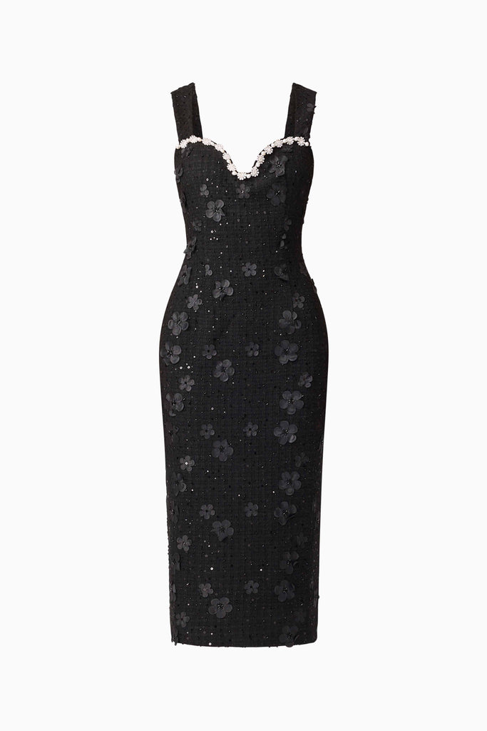 Ellouise Embellished Tweed Midi Dress in Black