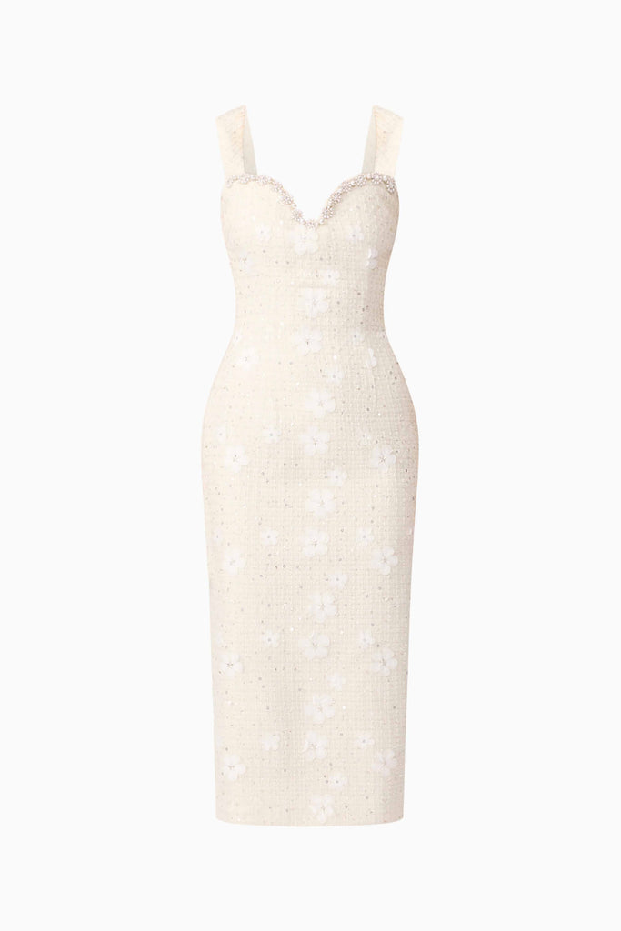 Ellouise Embellished Tweed Midi Dress in White