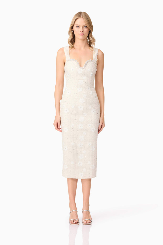 Ellouise Embellished Tweed Midi Dress in White