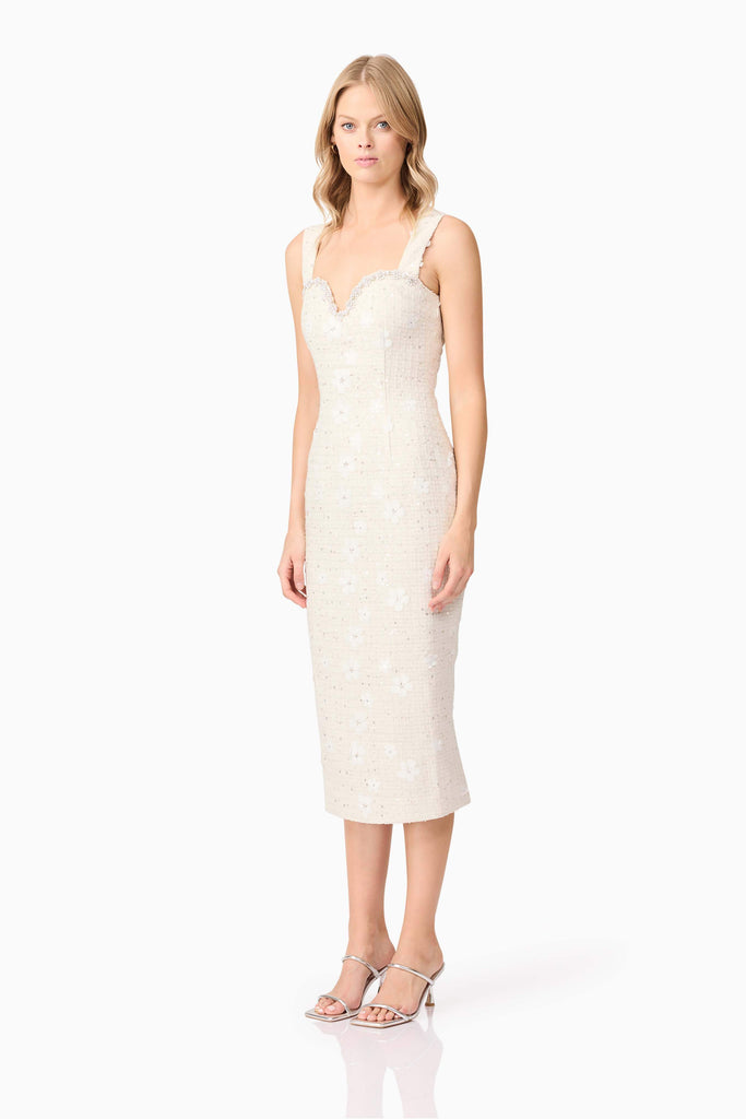 Ellouise Embellished Tweed Midi Dress in White