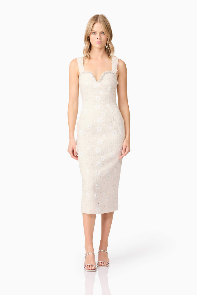 Ellouise Embellished Tweed Midi Dress in White