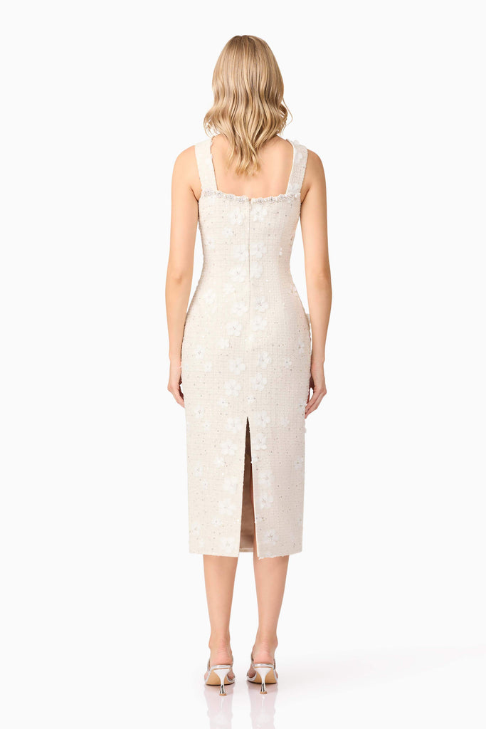 Ellouise Embellished Tweed Midi Dress in White