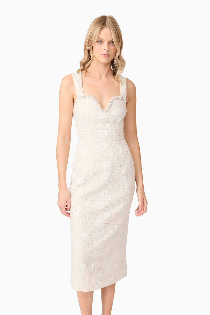 Ellouise Embellished Tweed Midi Dress in White