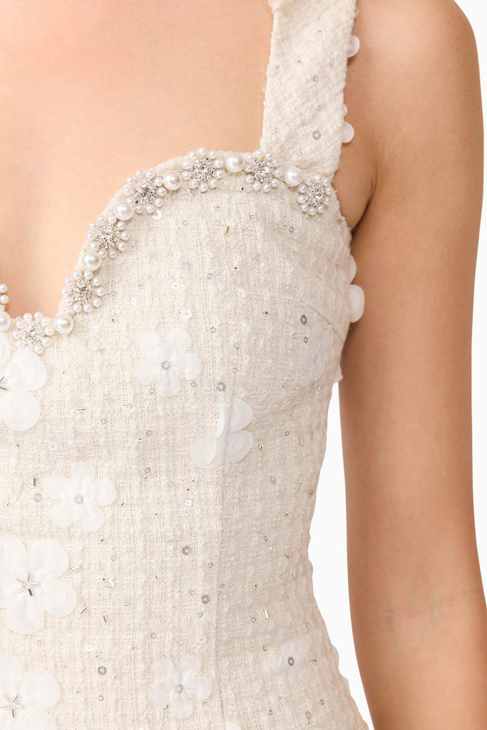 Ellouise Embellished Tweed Midi Dress in White