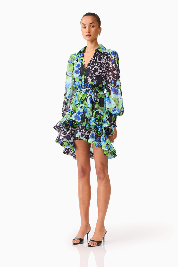 Briony Long Sleeve Mini Dress in Black Floral