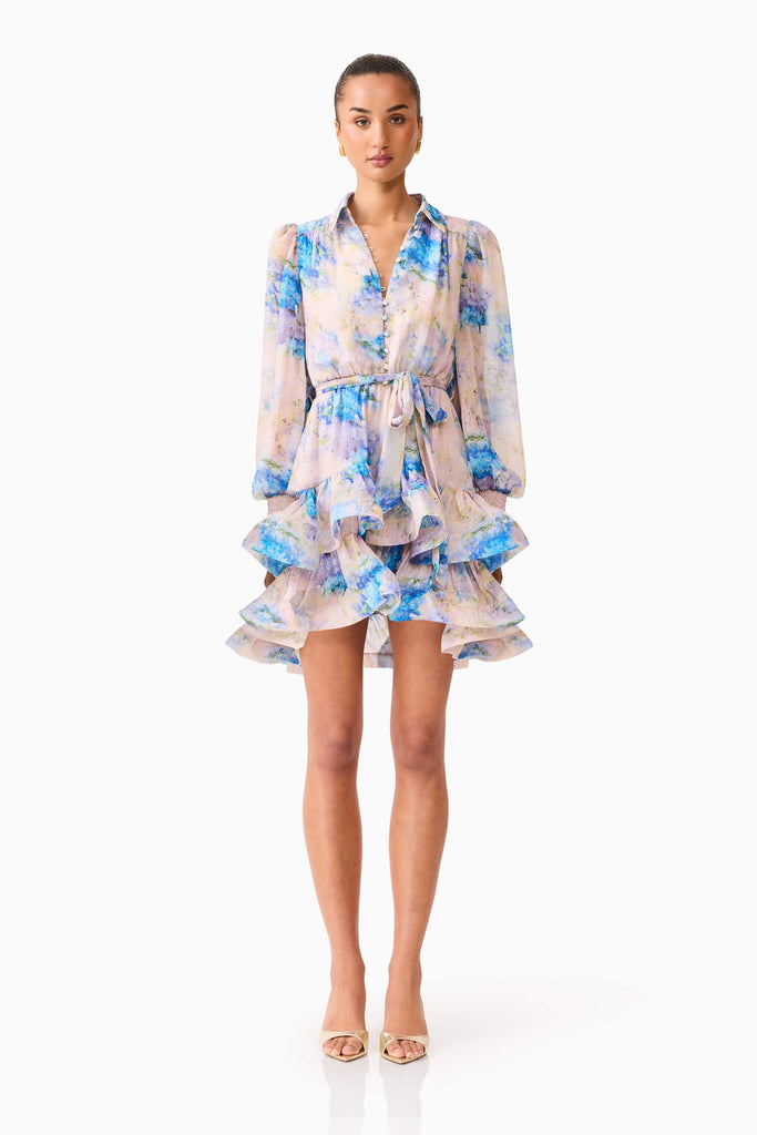 Briony Long Sleeve Mini Dress in Pink & Blue Floral