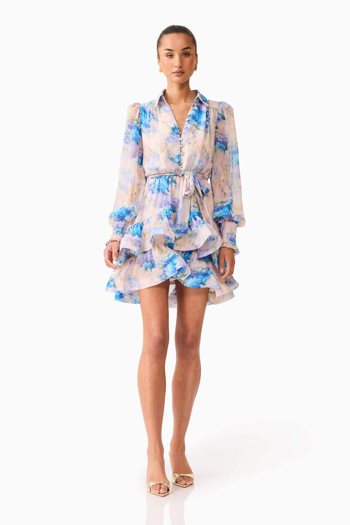 Briony Long Sleeve Mini Dress in Pink & Blue Floral