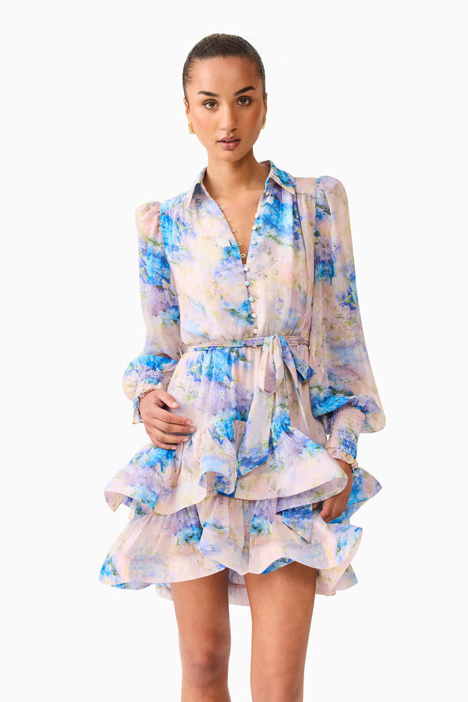 Briony Long Sleeve Mini Dress in Pink & Blue Floral