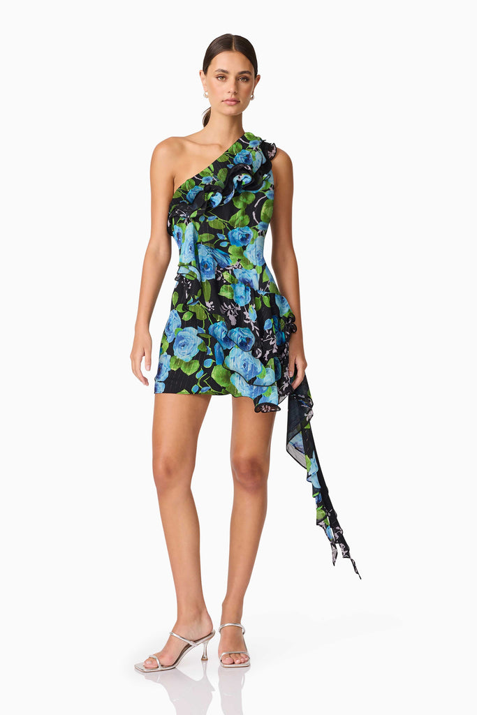 Briony Asymmetrical Mini Dress in Black & Blue Floral