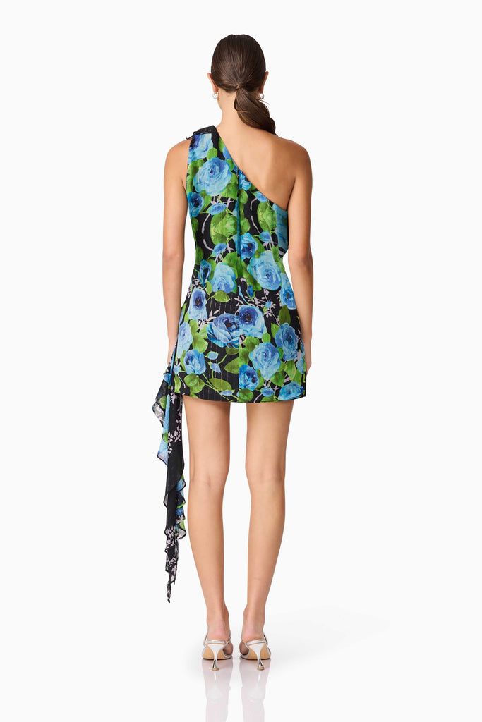 Briony Asymmetrical Mini Dress in Black & Blue Floral