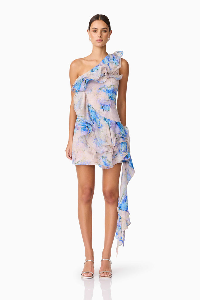 Briony Asymmetrical Mini Dress in Pink & Blue Floral