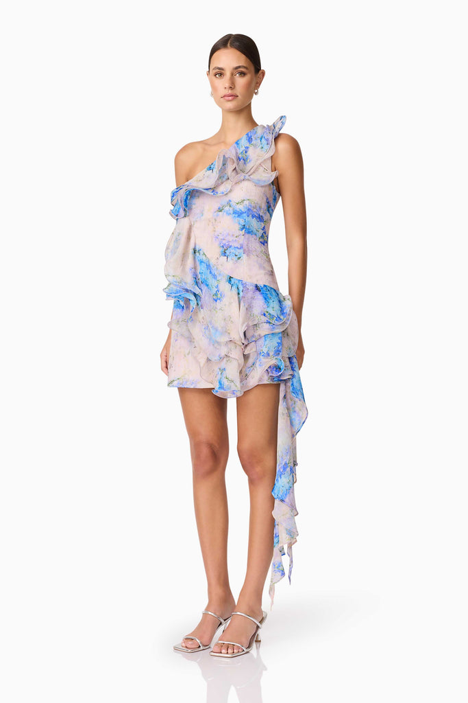 Briony Asymmetrical Mini Dress in Pink & Blue Floral