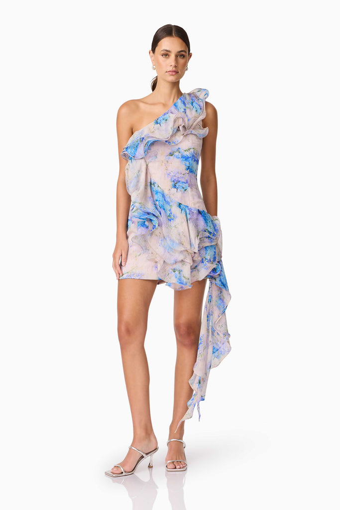 Briony Asymmetrical Mini Dress in Pink & Blue Floral