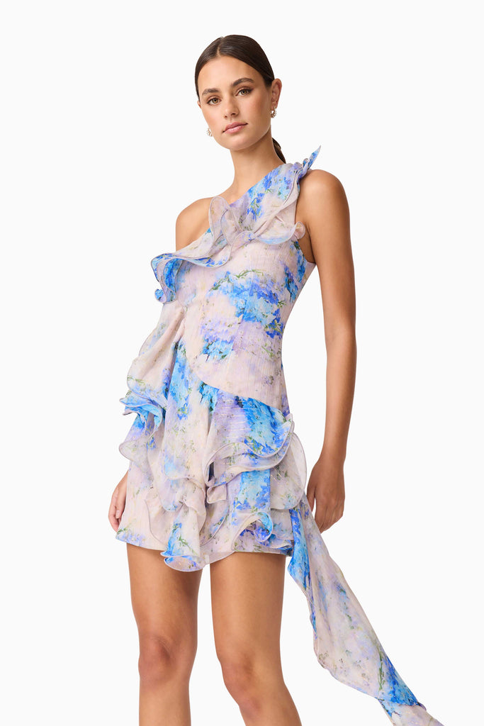 Briony Asymmetrical Mini Dress in Pink & Blue Floral