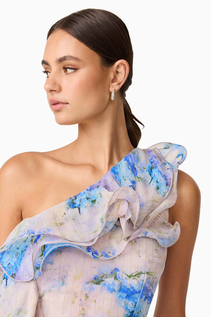 Briony Asymmetrical Mini Dress in Pink & Blue Floral