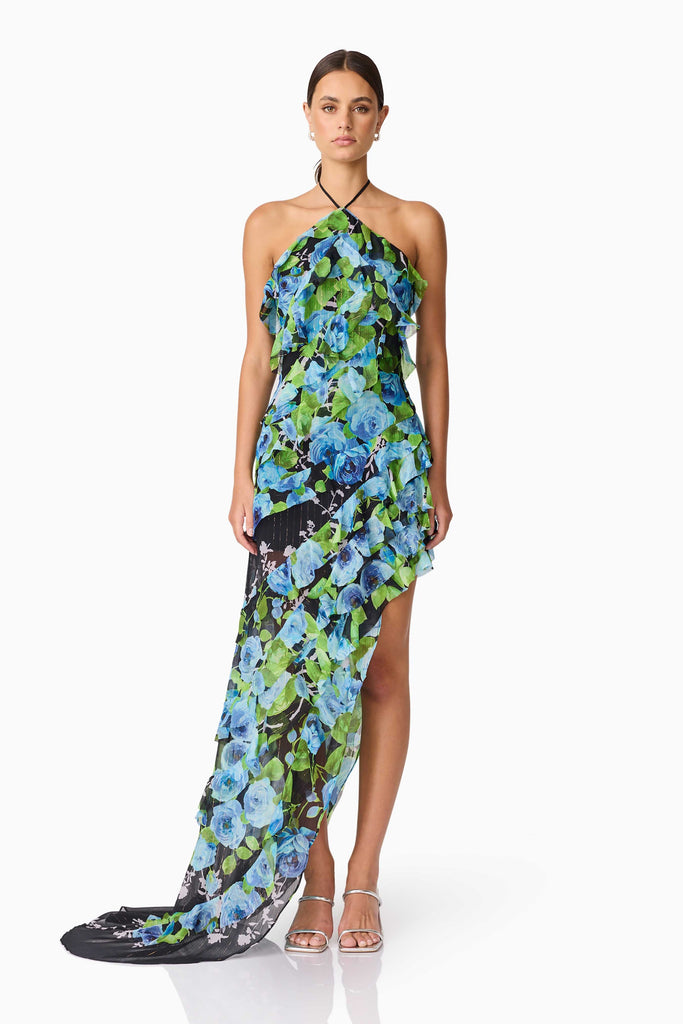 Briony Asymmetrical Maxi Dress in Black & Blue Floral