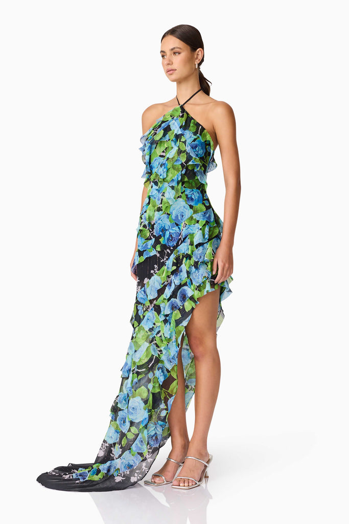 Briony Asymmetrical Maxi Dress in Black & Blue Floral