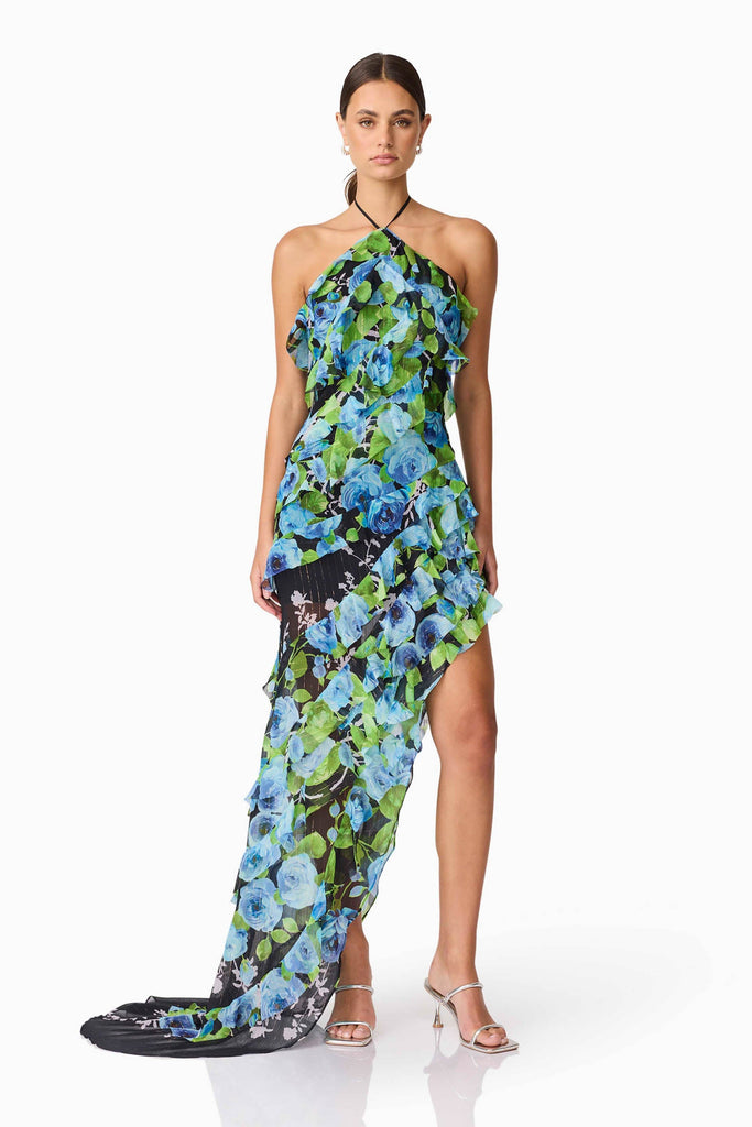 Briony Asymmetrical Maxi Dress in Black & Blue Floral