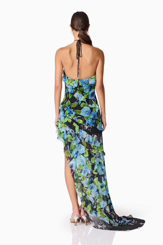 Briony Asymmetrical Maxi Dress in Black & Blue Floral