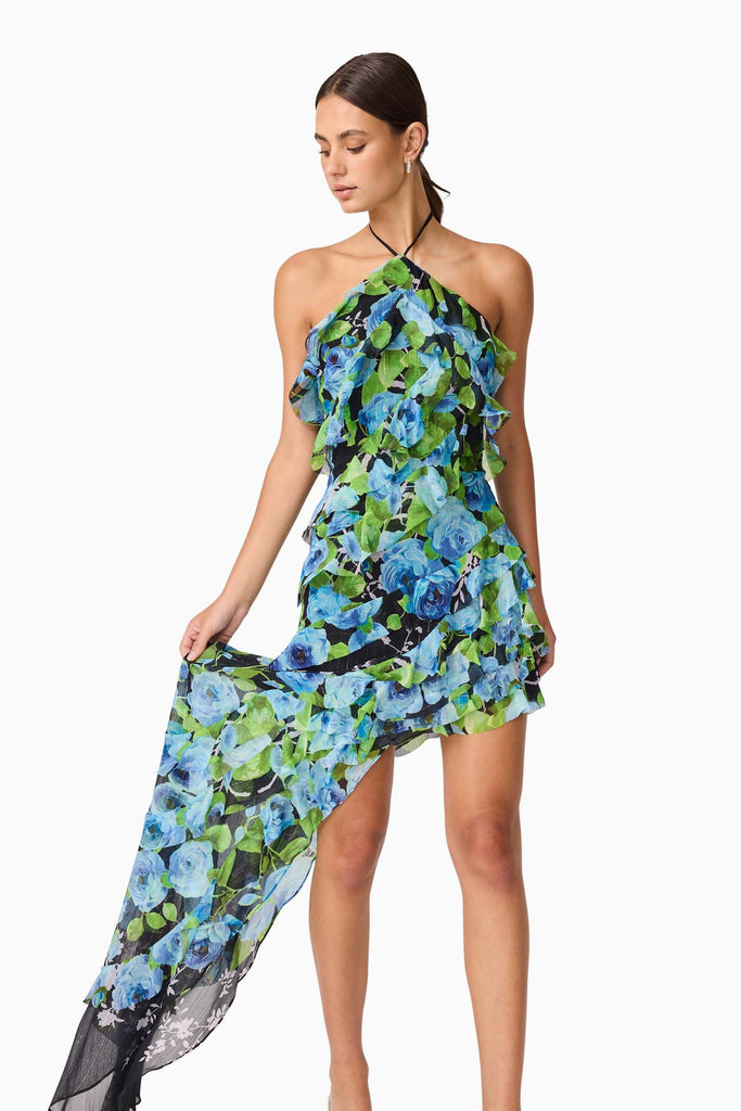 Briony Asymmetrical Maxi Dress in Black & Blue Floral