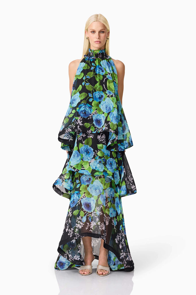 Briony Tiered Gown in Black & Blue Floral