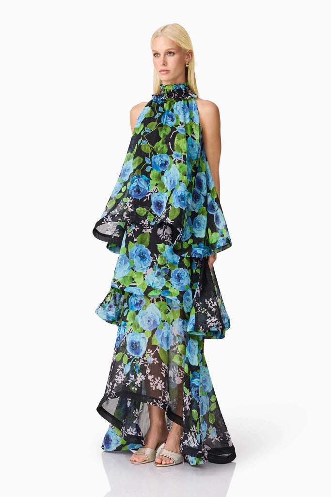 Briony Tiered Gown in Black & Blue Floral