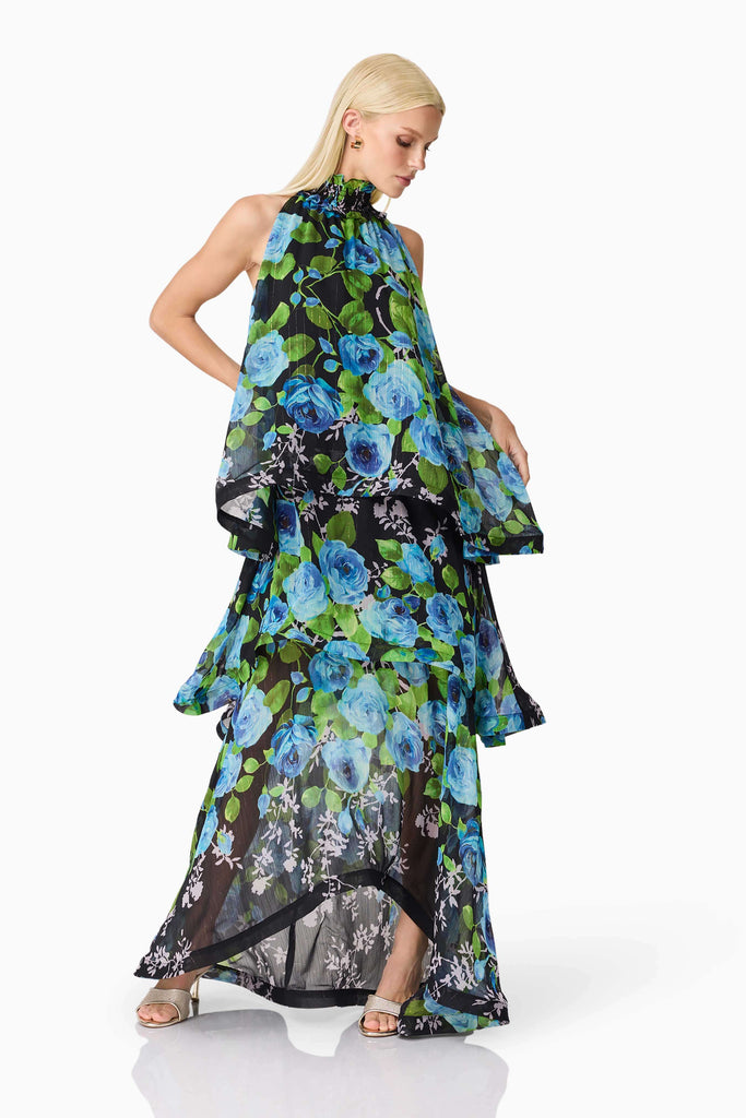 Briony Tiered Gown in Black & Blue Floral