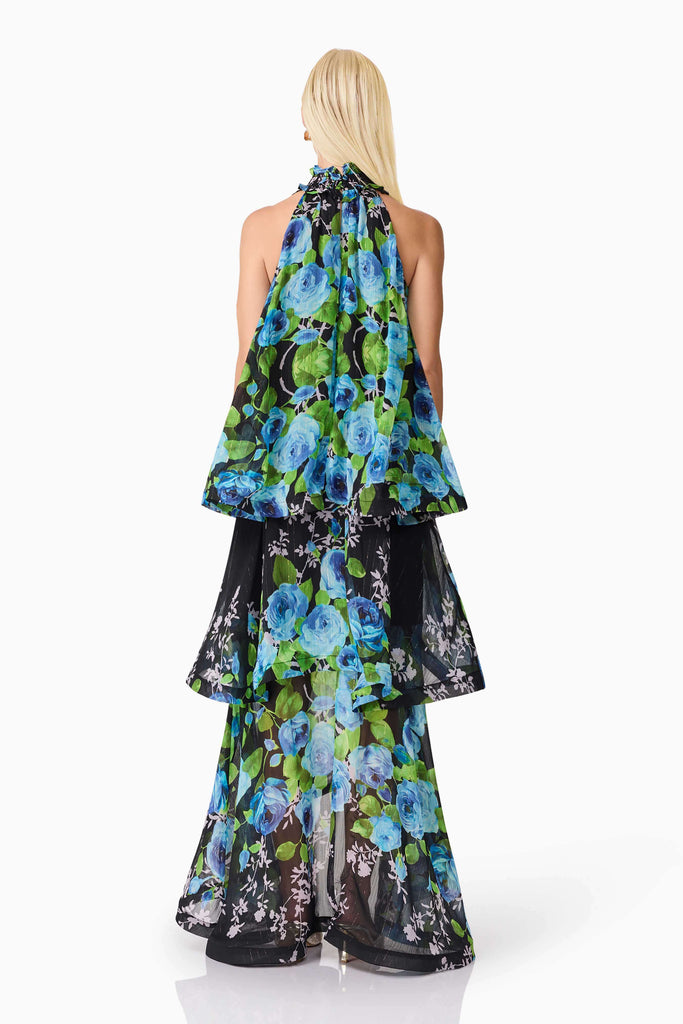 Briony Tiered Gown in Black & Blue Floral