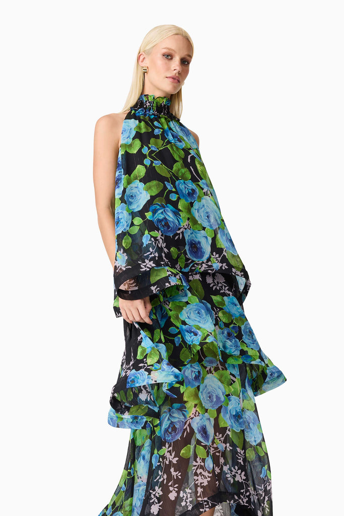 Briony Tiered Gown in Black & Blue Floral