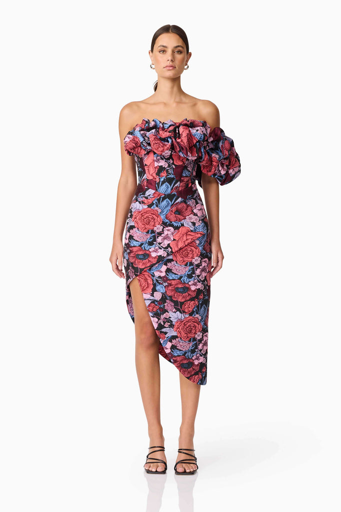 Delphine Off The Shoulder Midi Dress in Pink & Back Floral