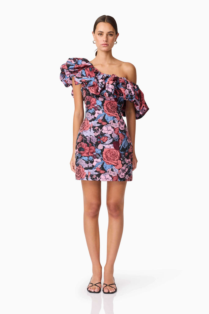 Delphine One Shoulder Mini Dress in Pink & Black Floral