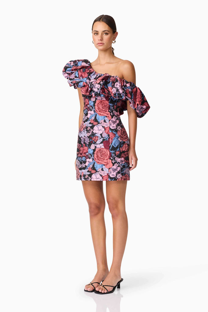 Delphine One Shoulder Mini Dress in Pink & Black Floral