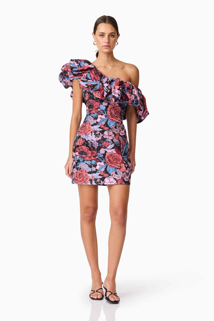 Delphine One Shoulder Mini Dress in Pink & Black Floral