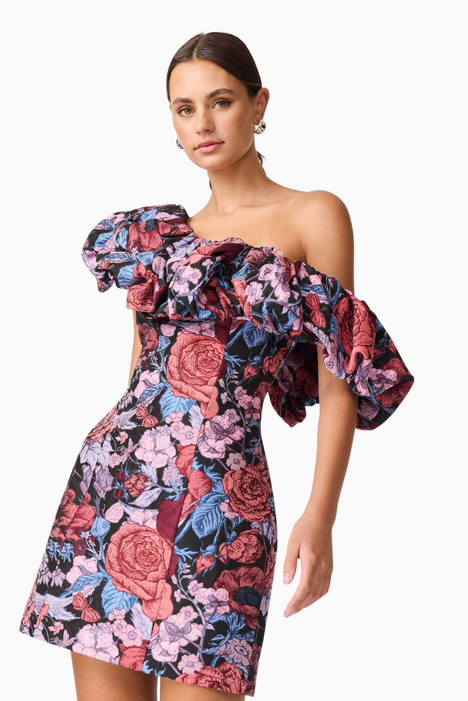 Delphine One Shoulder Mini Dress in Pink & Black Floral